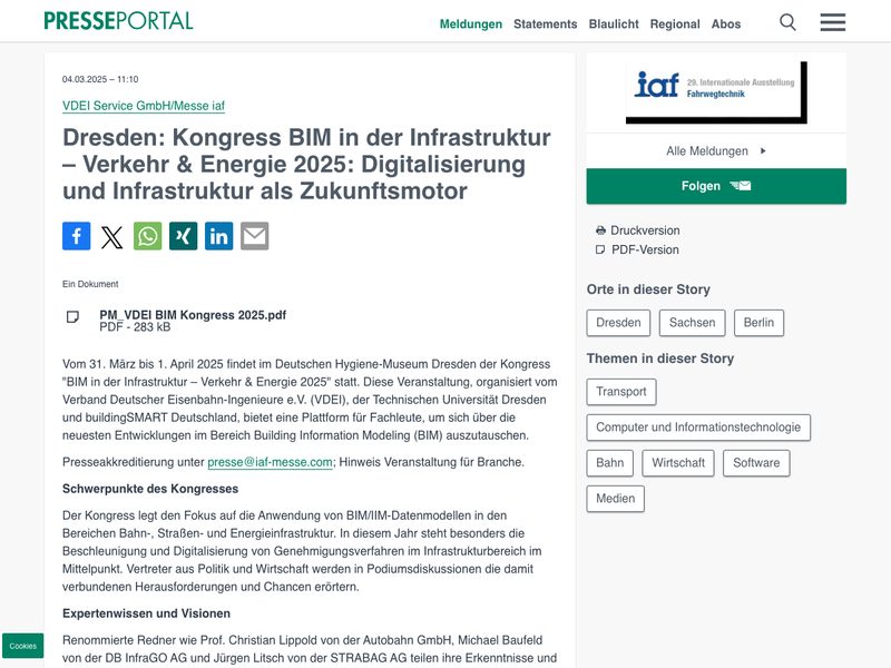 Screenshot des Beitrags: Dresden: Kongress BIM in der Infrastruktur: Verkehr & Energie 2025: Digitalisierung und Infrastruktur als Zukunftsmotor